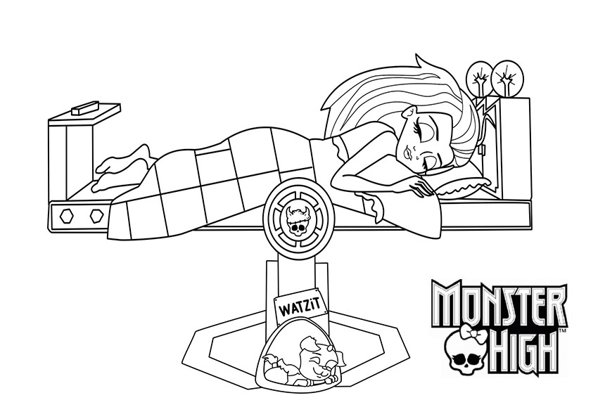 coloriage monster high frankie stein fait la sieste avec son chien wat
